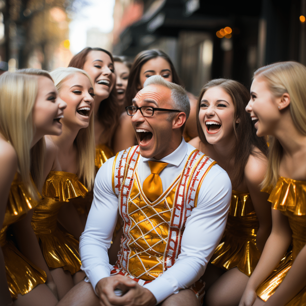 Best Blonde Models in Cheerleader Outfits Laughing at a Nerdy Man