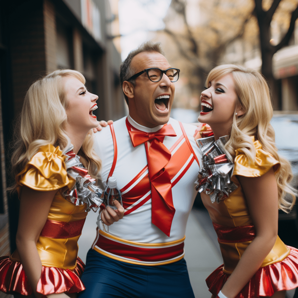 Best Blonde Models in Cheerleader Outfits Laughing at a Nerdy Mans