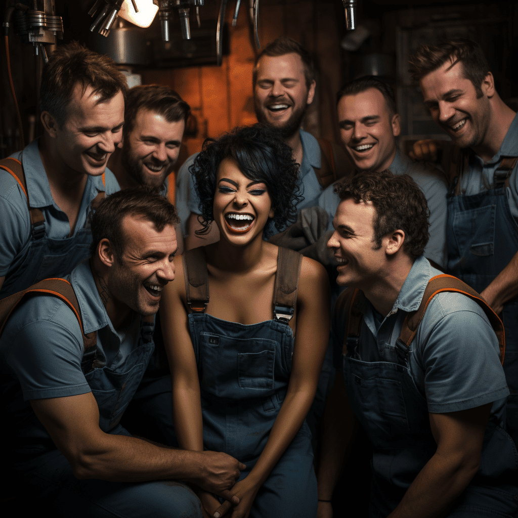 Best Black Haired Super Model Laughing in the Middle of a Bunch of Male Plumbers
