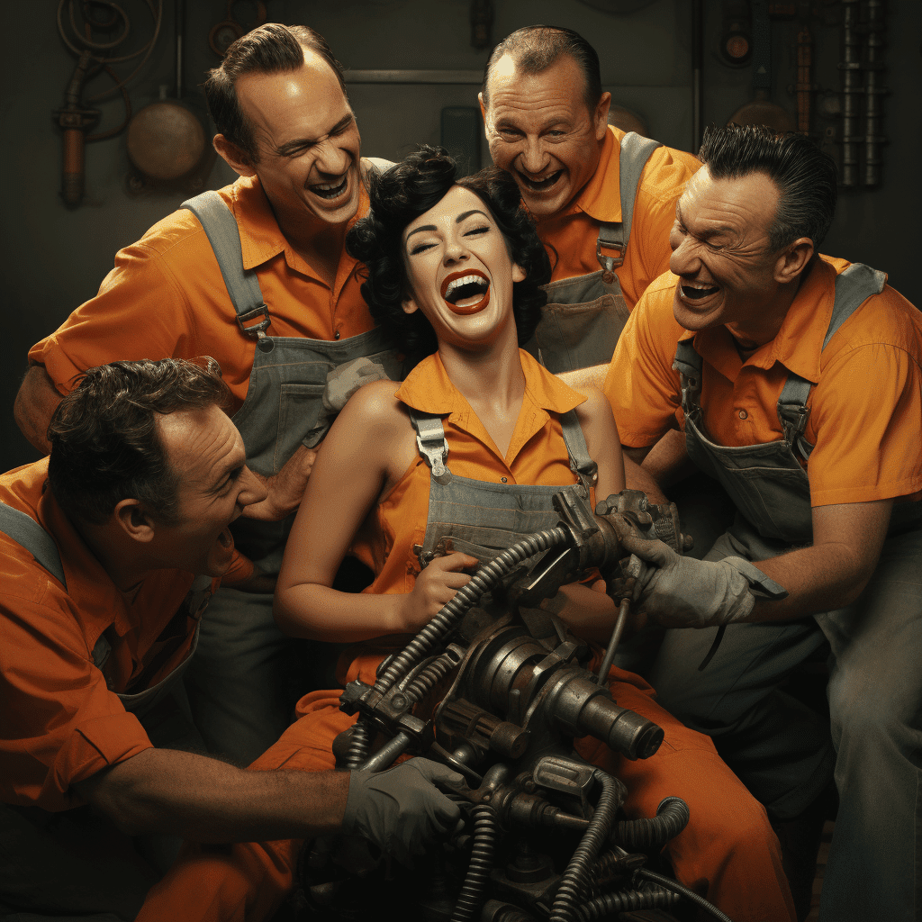 What Is Black Haired Super Model Laughing in the Middle of a Bunch of Male Plumbers