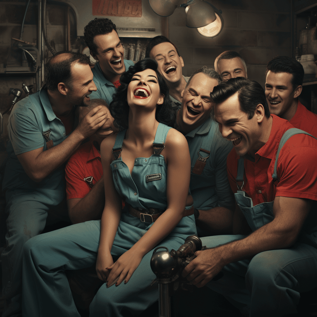 Black Haired Super Model Laughing in the Middle of a Bunch of Male Plumbers