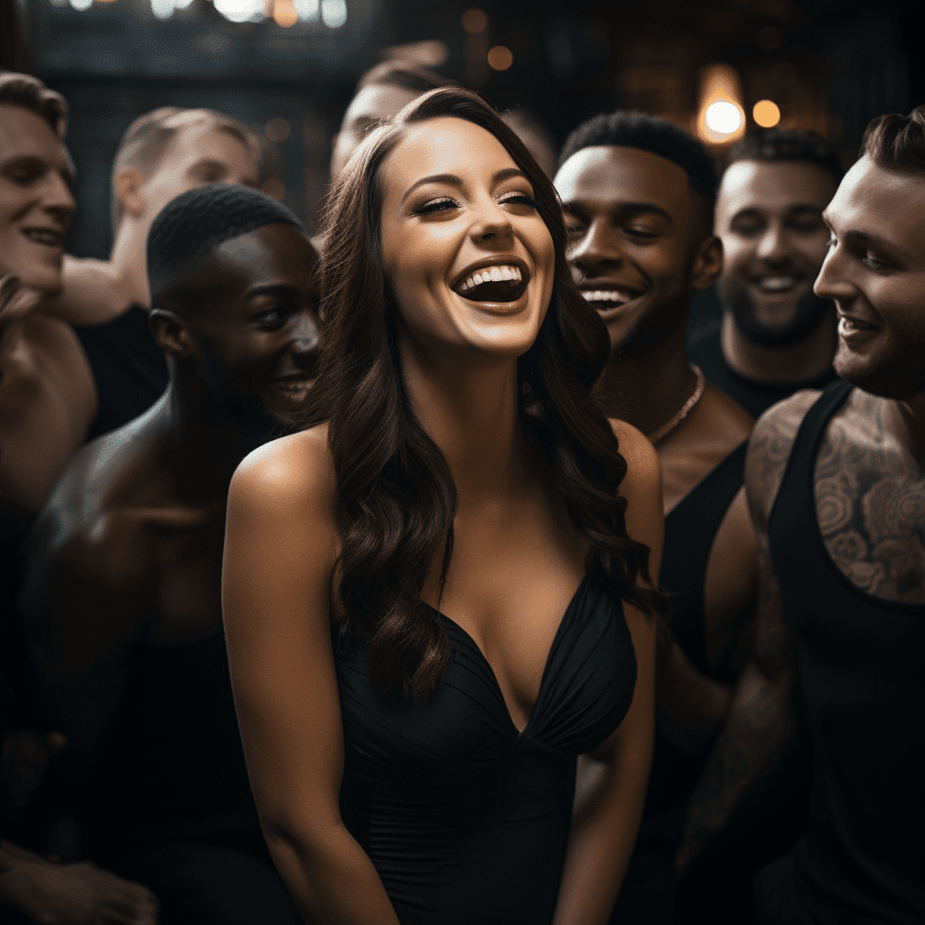 Best Brunette Model Laughing with a Bunch of Black Mens