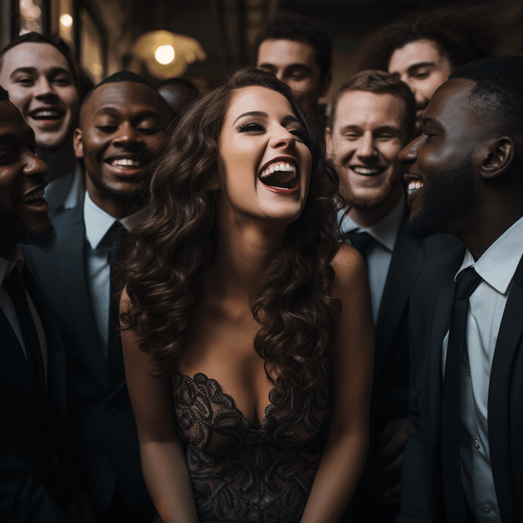 Brunette Model Laughing with a Bunch of Black Men