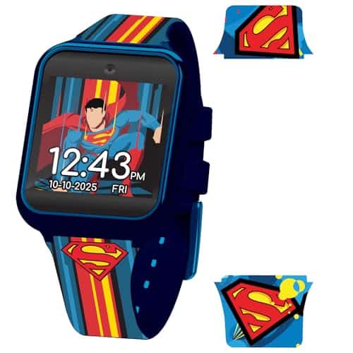 Accutime Superman Kids Red and Blue Educational Learning Touchscreen Smart Watch Toy for Girls, Boys, Toddlers Selfie Cam, Learning Games, Alarm, Calculator, Pedometer & More (Model SUPAZ)
