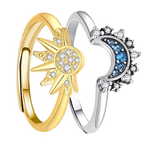 Sun and Moon Ring set stackable rings for women,adjustable celestial jewelry anillos para mujer matching rings as friendship rings for best friend gifts,sun moon stacking ring