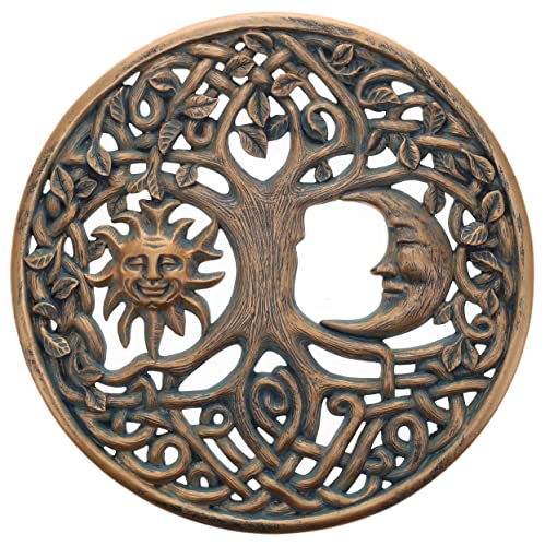 Top Brass Sun and Moon Face Tree of Life Wall Plaque Decorative Spiritual Celtic Garden Art Sculpture Celestial Harmony